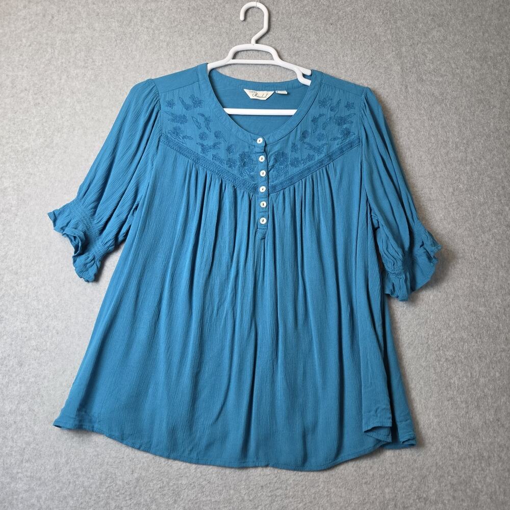 Caffe Marrakesh Teal Floral Embroidered SS Rayon Peasant Blouse Women's Plus 2X
